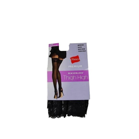 Hanes Black Thigh High With Lace Trim Medium - Picture 1 of 2